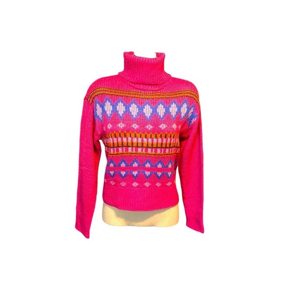 No Comment Cowl and Turtleneck Pink Sweater Geo Print Women’s Size Medium‎ NWT